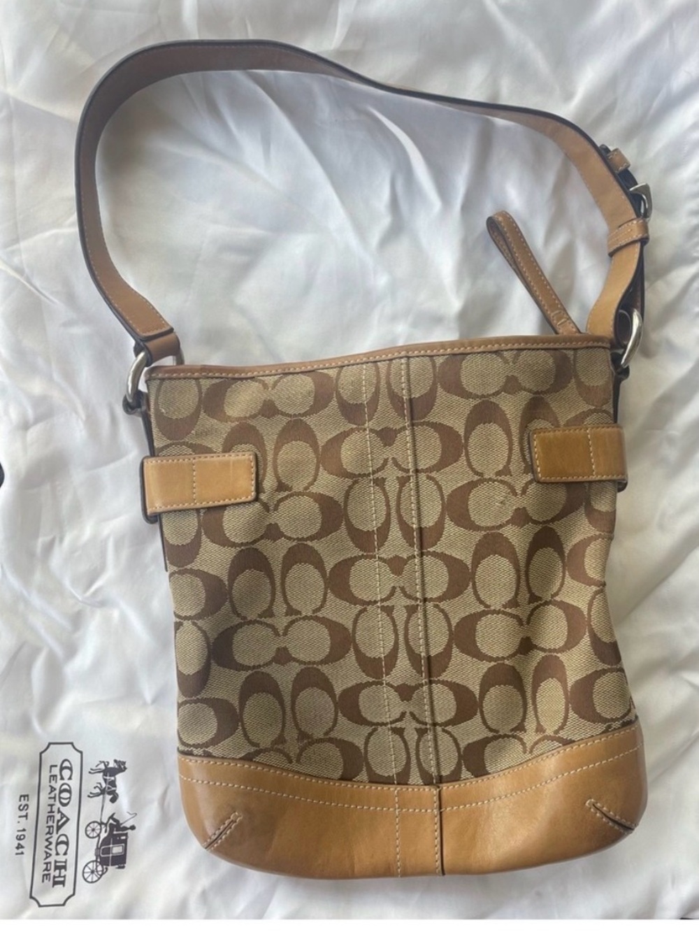 Coach Brown Tan Signature Canvas Shoulder Bag with Leather Trim - Picture 3 of 8